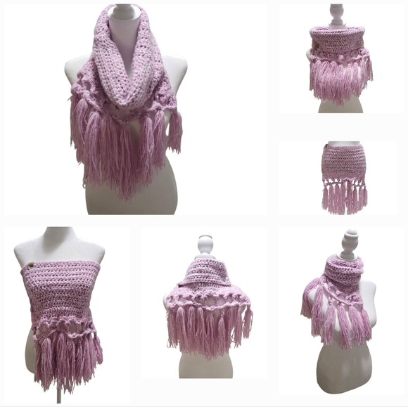 Hand Crafted Crochet 2-piece Set Fringe Scarf & Winter beanie Purple chunky knit - Picture 3 of 17